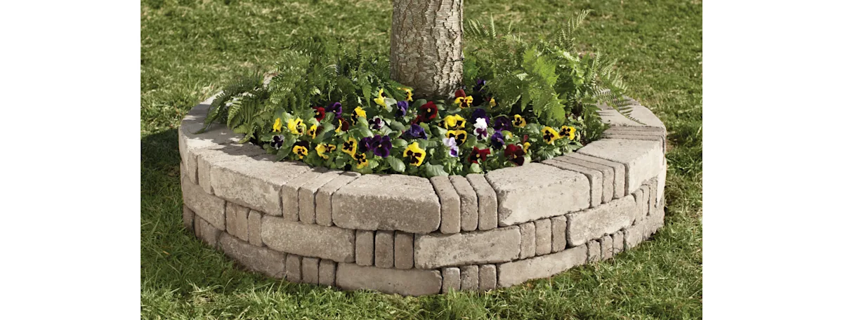 A round block wall surrounding a tree and flowers