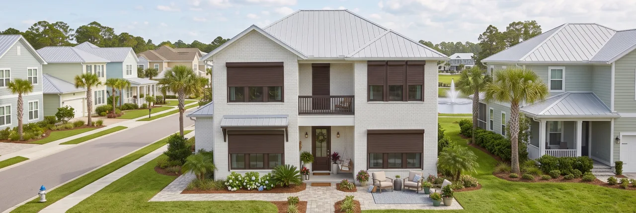 A white suburban house with brown roll-down hurricane shutters