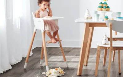 Image of a child in a highchair looking down at a birthday cake that fell on the floor next to $2.50 laminate flooring installation promo with learn more button