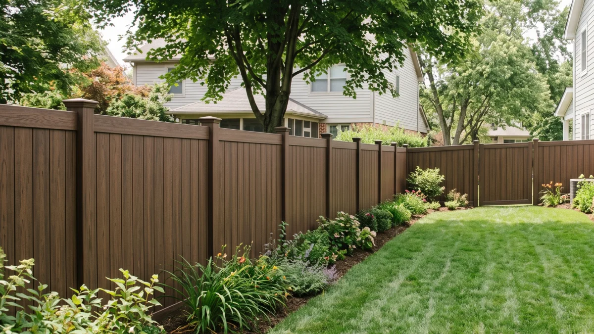 Brown wooden looking composite fence around a lush green lawn