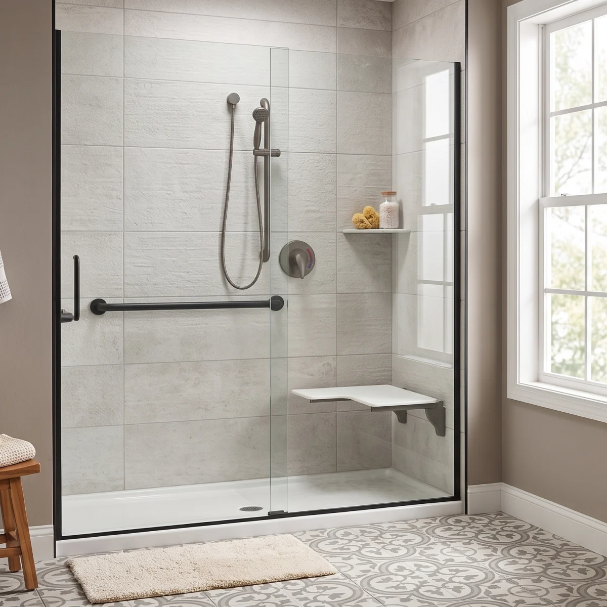 A walk-in shower with an accessibility bench and handrail