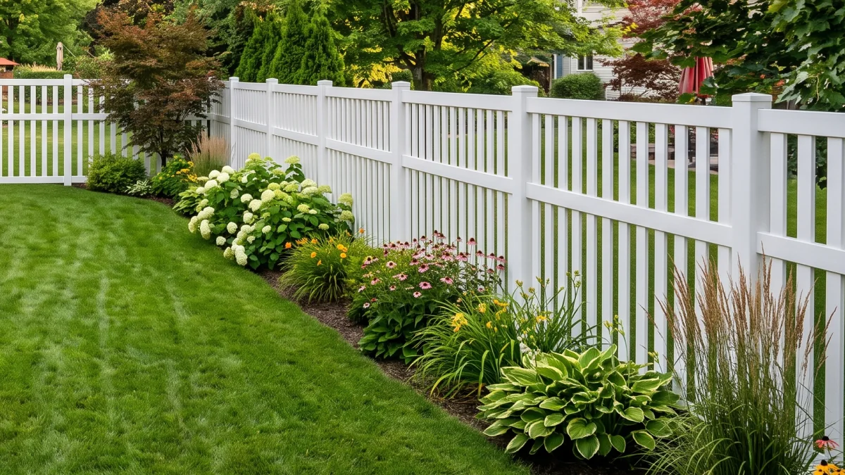 White vinyl fencing in a lush and green backyard