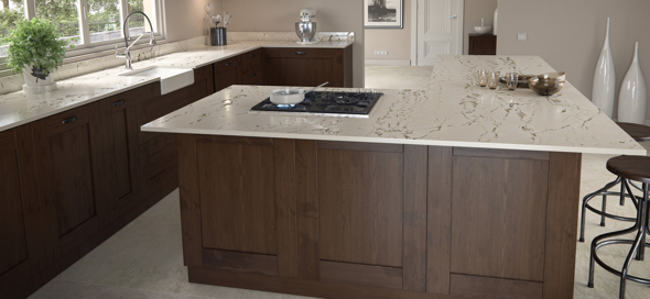 a kitchen with dark wood cabinets and white ultra compact countertops