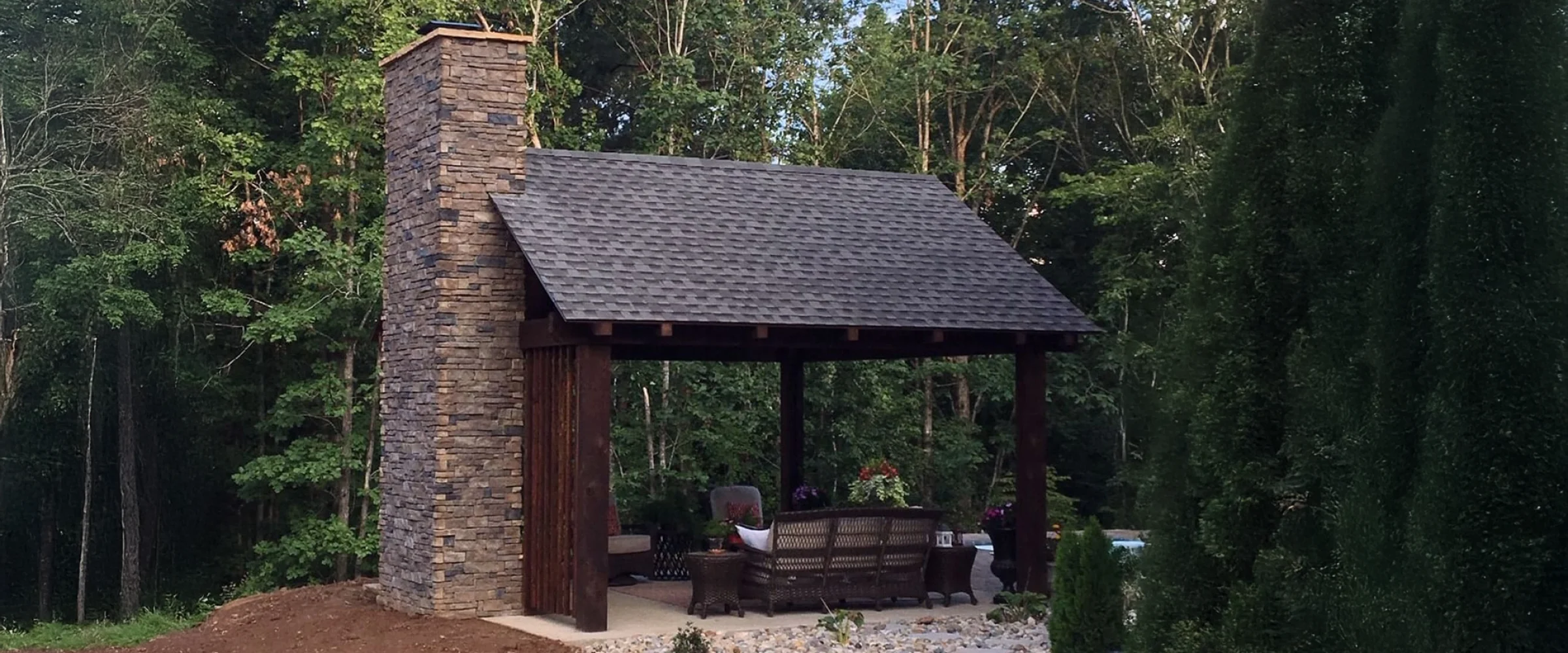 Pavilion Attached Stone Chimney Lounge