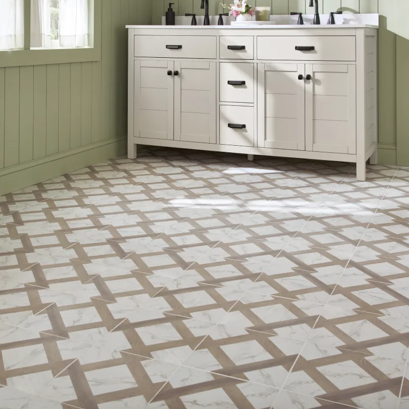Marble Wood White Matte Porcelain Floor and Wall Tile in a green bathroom