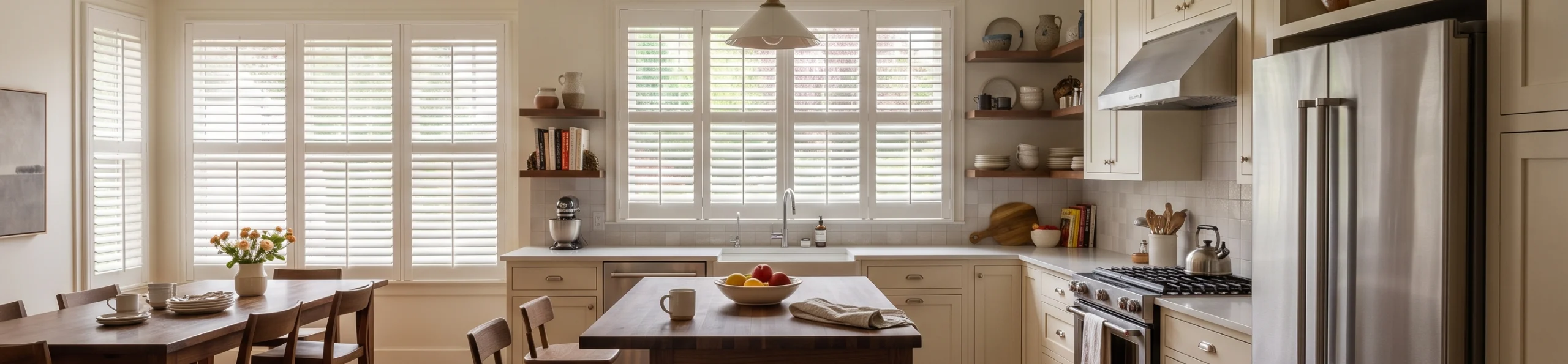 Large modern kitchen with windows lining the walls, all with white plantation shutters