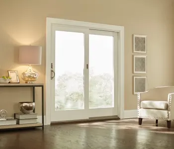 Sliding doors with large windows; Orange shopping cart icon 