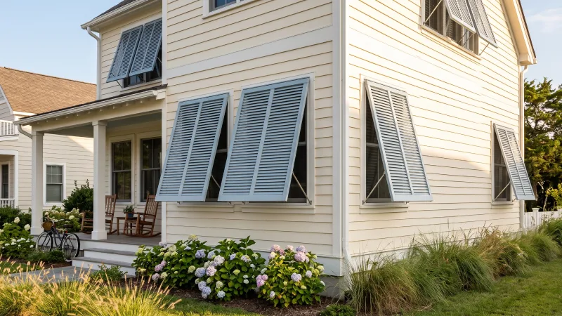 A suburban house with cream siding and gray bahama shutters