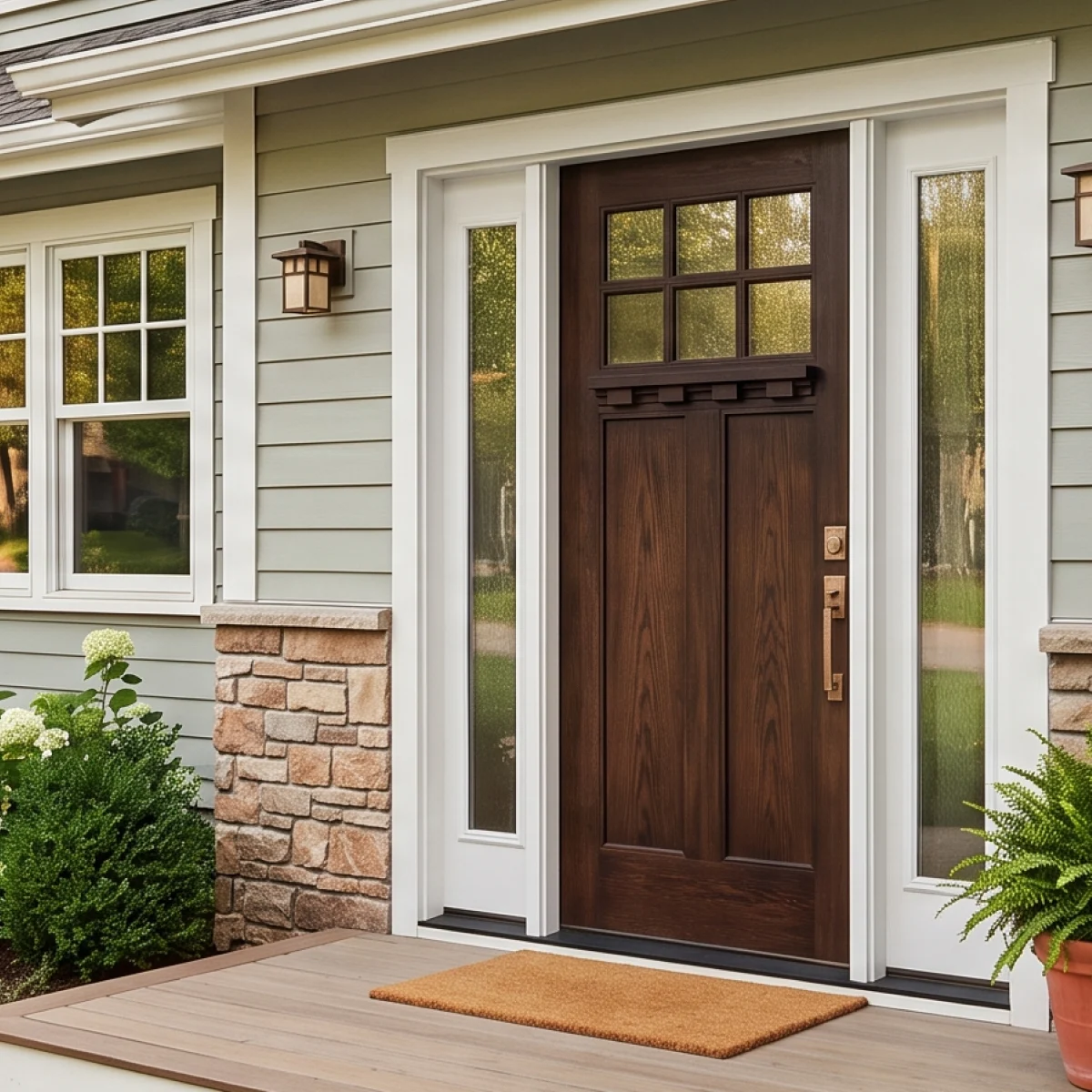 A suburban home with a dark brown shaker exterior entry door