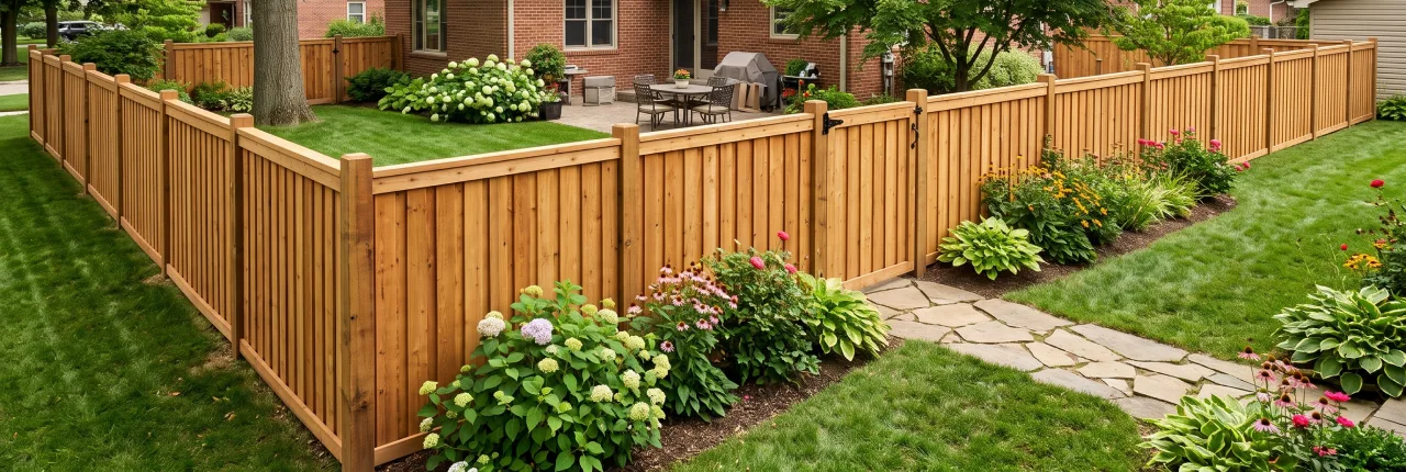 Large backyard with a wooden fence