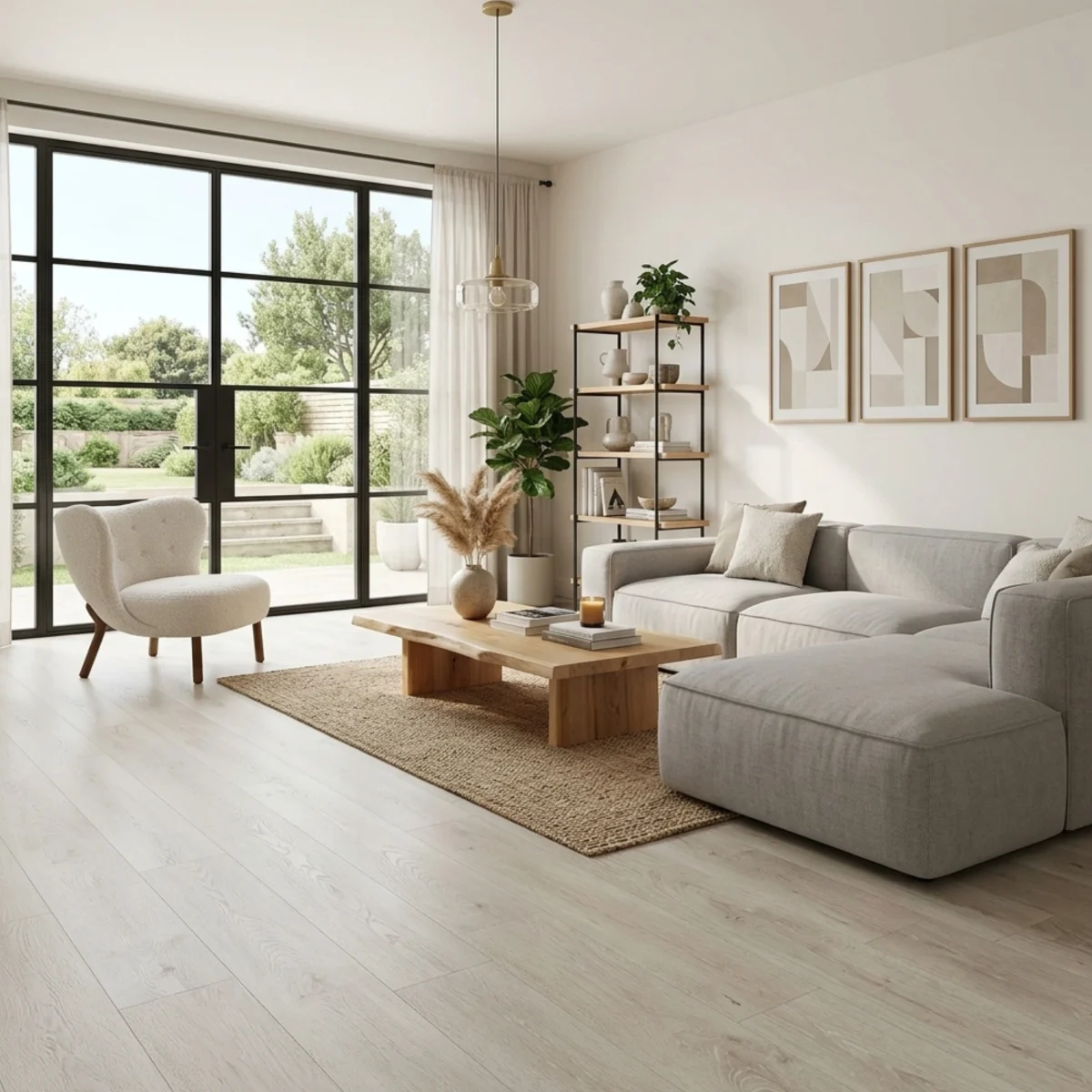 Modern and bright living room with vinyl plank flooring