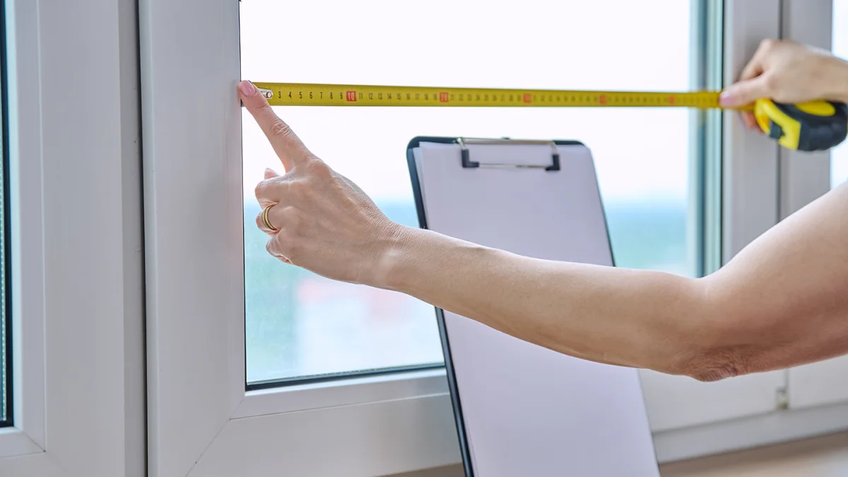Hands measuring a window with a tape measure