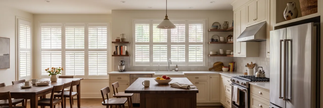 Large modern kitchen with windows lining the walls, all with white plantation shutters