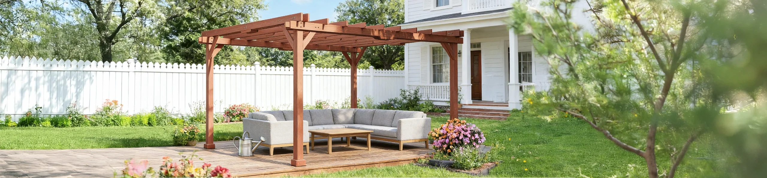 Large wooden pergola in a picturesque backyard