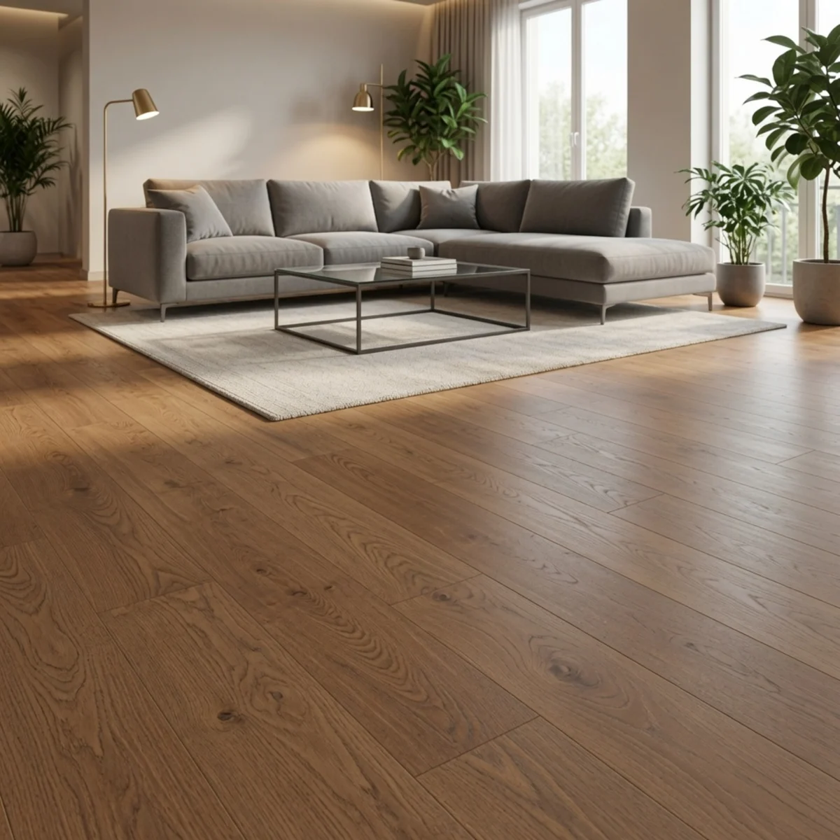 Modern living room with Alpine European Oak Waterproof Laminate Wood Flooring