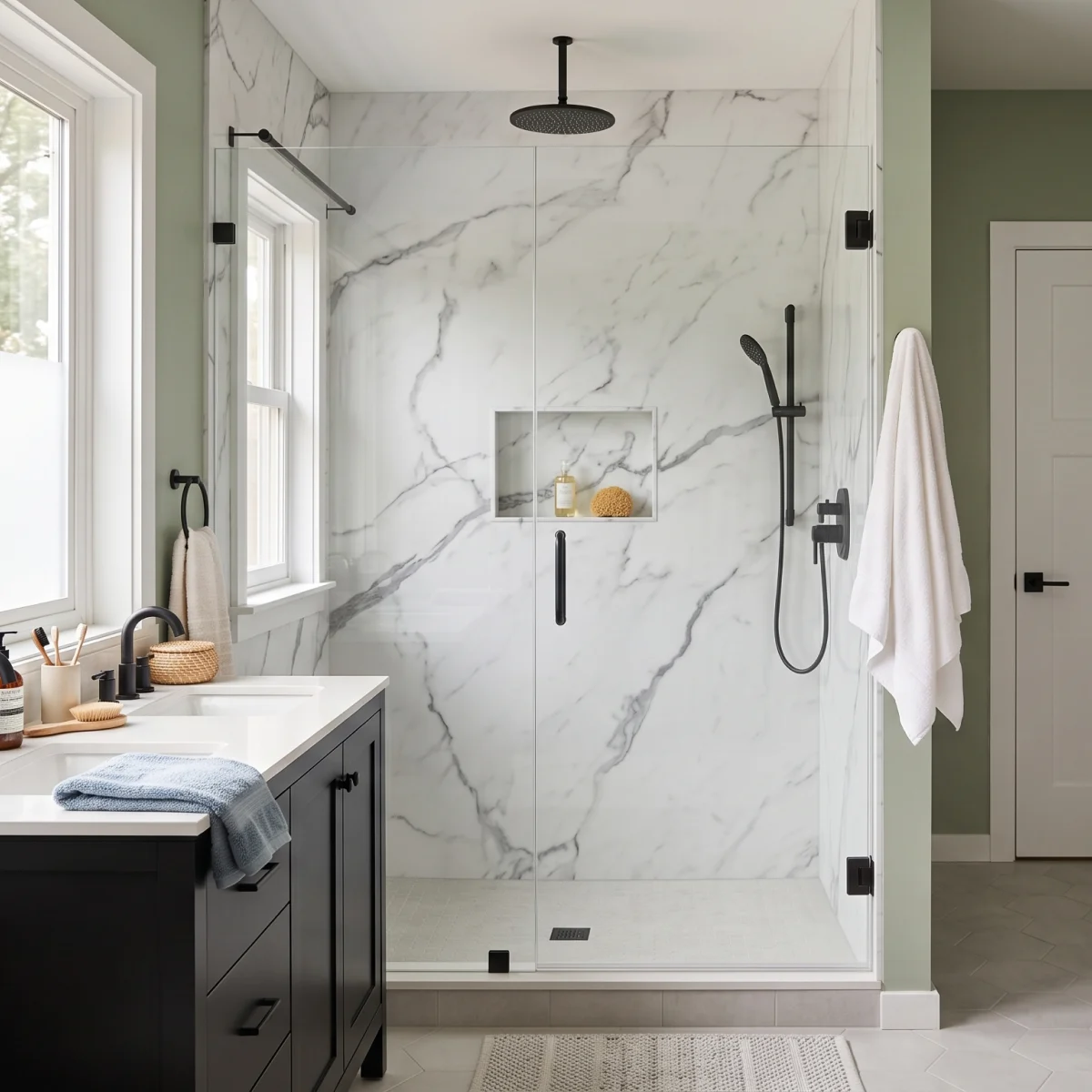 A modern walk-in shower with marbled wall surround