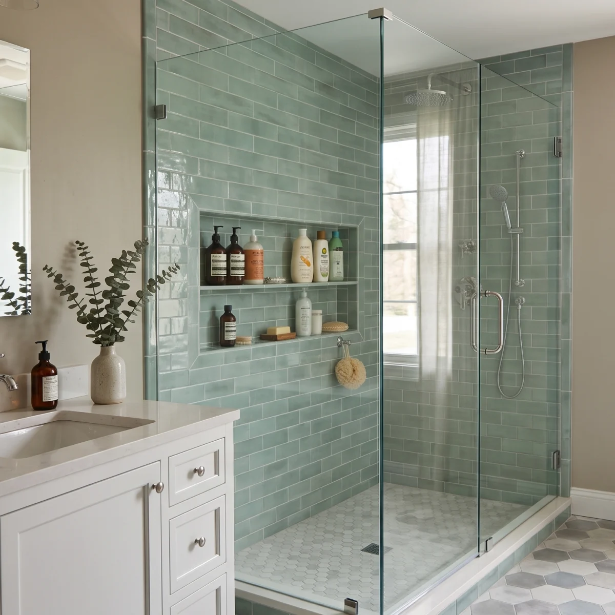 A modern walk-in shower with green wall tiles and built-in storage