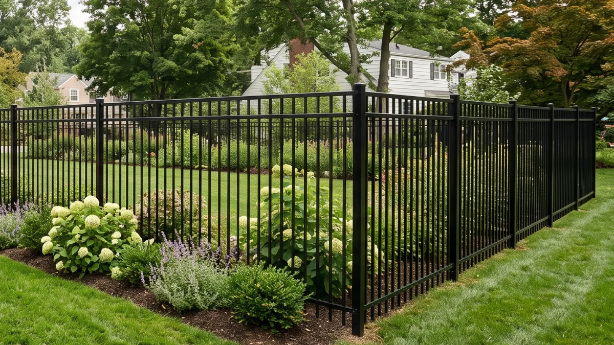 Black aluminum fence, surrounded by flowers, around a lush green lawn