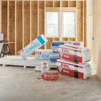 Three different types of insulation in an unfinished home; orange clipboard icon