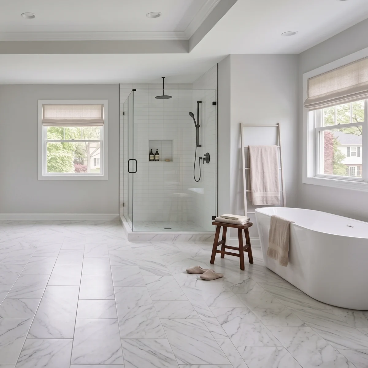 Large, modern bathroom with marble tile flooring