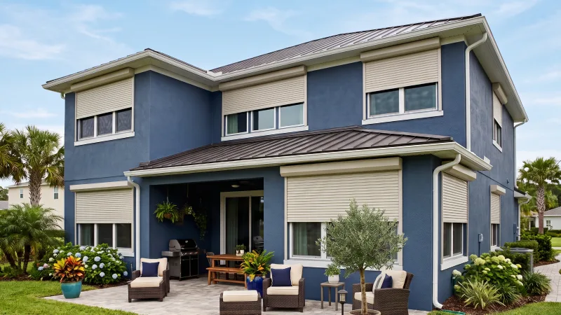 A navy blue stucco home with cream roll-down hurricane shutters