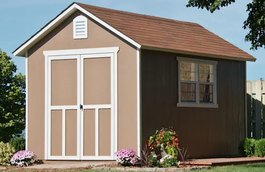 Professionally Assembled Meridian Deluxe 8 ft. x 12 ft. Wood Garden Shed Storage with Driftwood Shingles