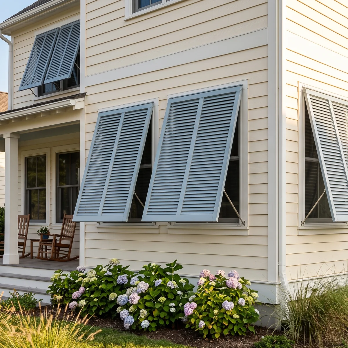 A suburban house with cream siding and gray bahama shutters