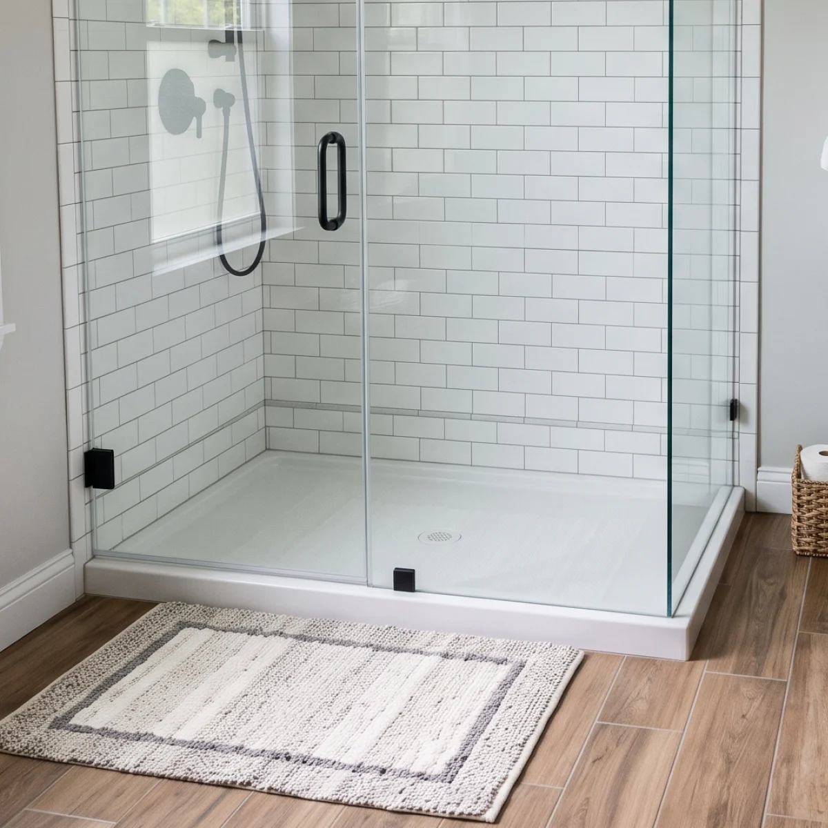 A modern walk-in shower with a white shower pan