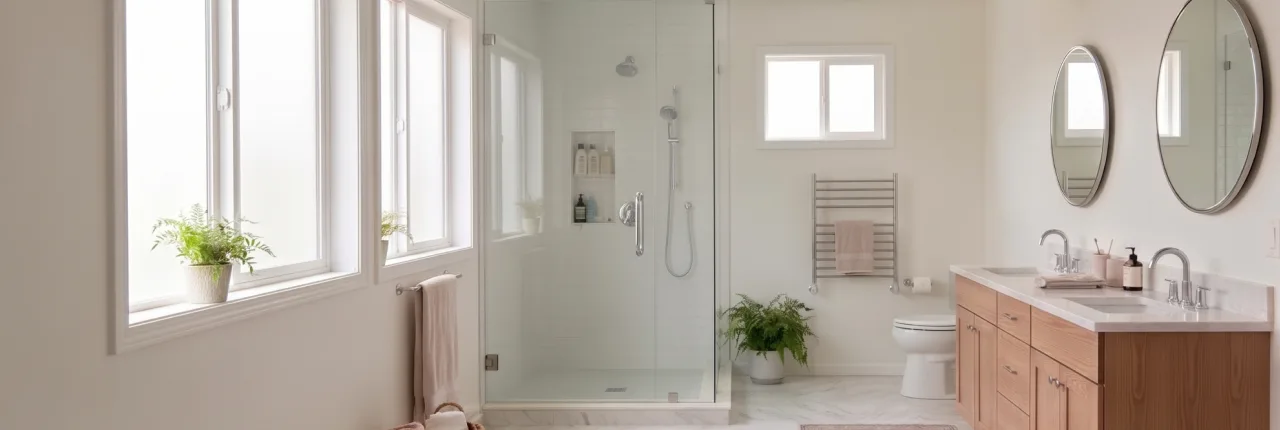 Large modern bathroom with glass shower, dual sinks and mirrors