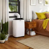 Portable Air Conditioner Cools 700 Sq. Ft. with Dehumidifier and LCD Remote in White; orange checklist icon