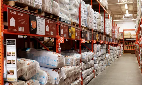 Insulation aisle in an HD store; orange shopping cart icon