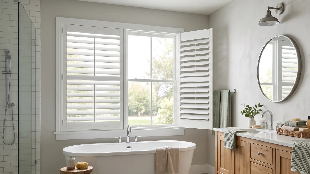 Bright and airy bathroom with stand alone tub, glass shower and large windows with white faux wood shutters