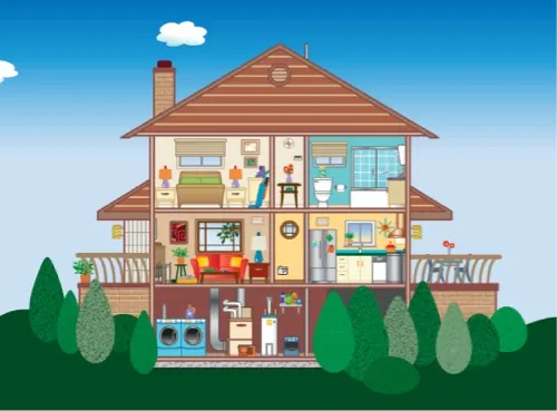 An infographic cross-section of a two-floor home, including a bedroom, bathroom, living room, kitchen, and basement