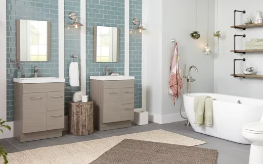 Large modern bathroom with luxury stand alone tub and dual sinks