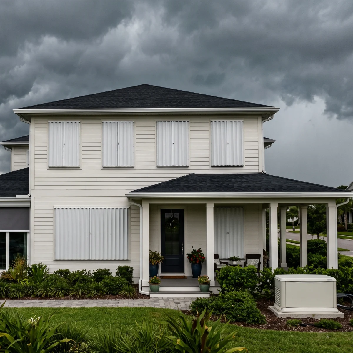 A suburban home with white accordion hurricane shutters and a generator