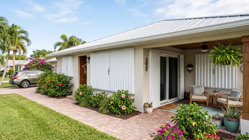 A cream stucco home with white accordion shutters