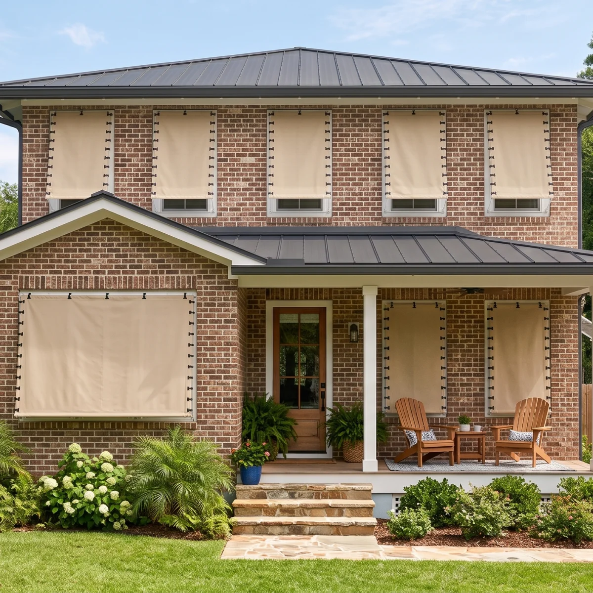 A brick house with tan hurricane fabric installed over the windows