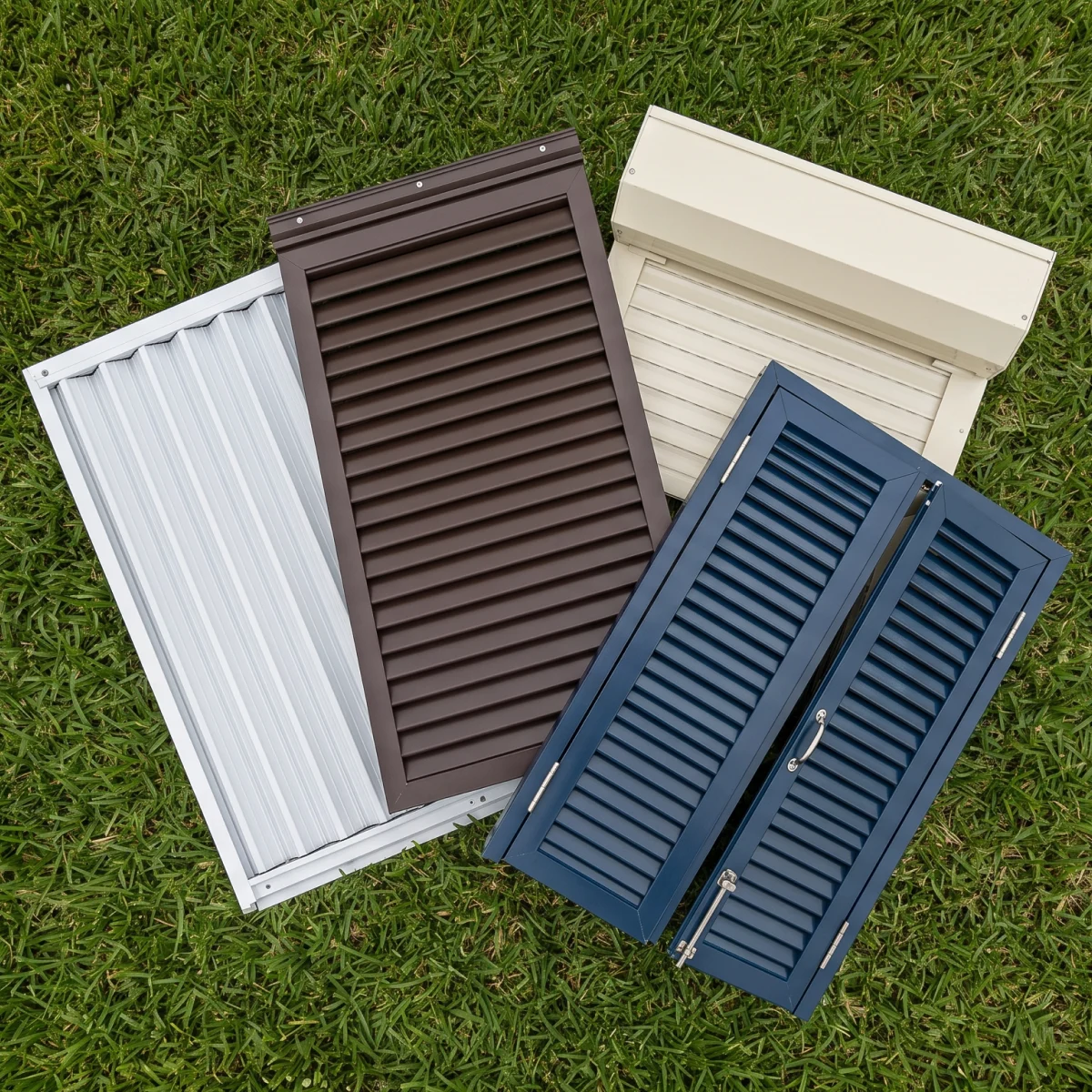 Four different types of hurricane shutters, ready for installation