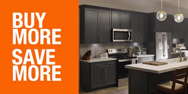 Buy More, Save More: Up to 20% Off promo; Modern kitchen with dark kitchen cabinets