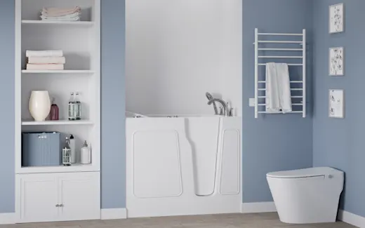 Light blue modern bathroom with a walk-in tub