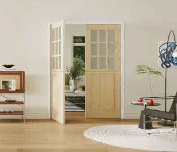 Frosted Glass, Finished Half Split Interior Dutch Door Slab with Natural Pine Wood Color; orange 