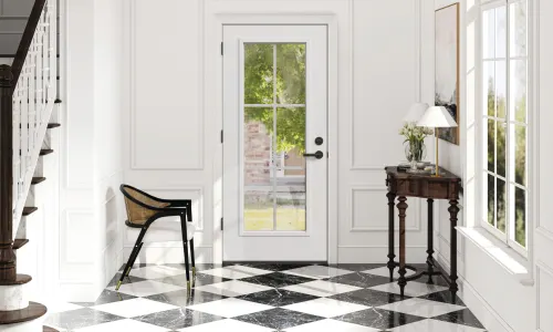 Front door with a stain glass window; orange magnifying glass