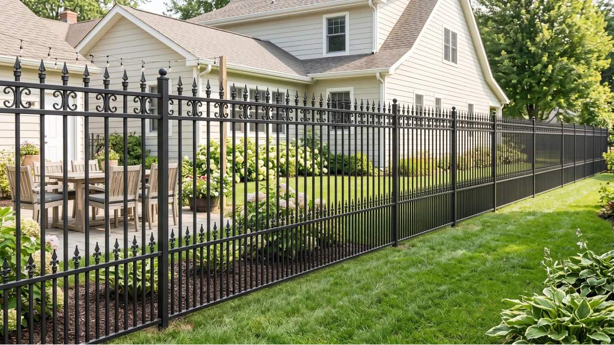 Black steel fencing around a large green backyard and patio area
