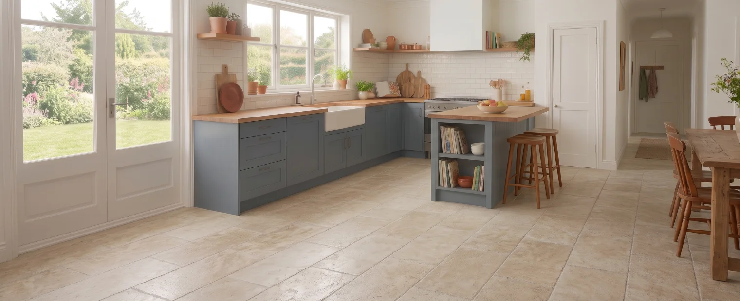 Bright and dreamy modern kitchen with tiled flooring