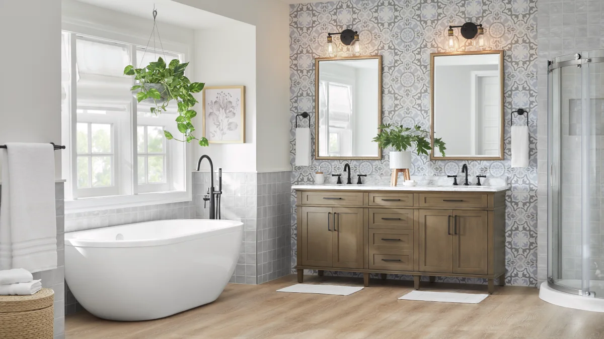Large modern bathroom remodel with stand alone tub, standing shower, and dual sinks