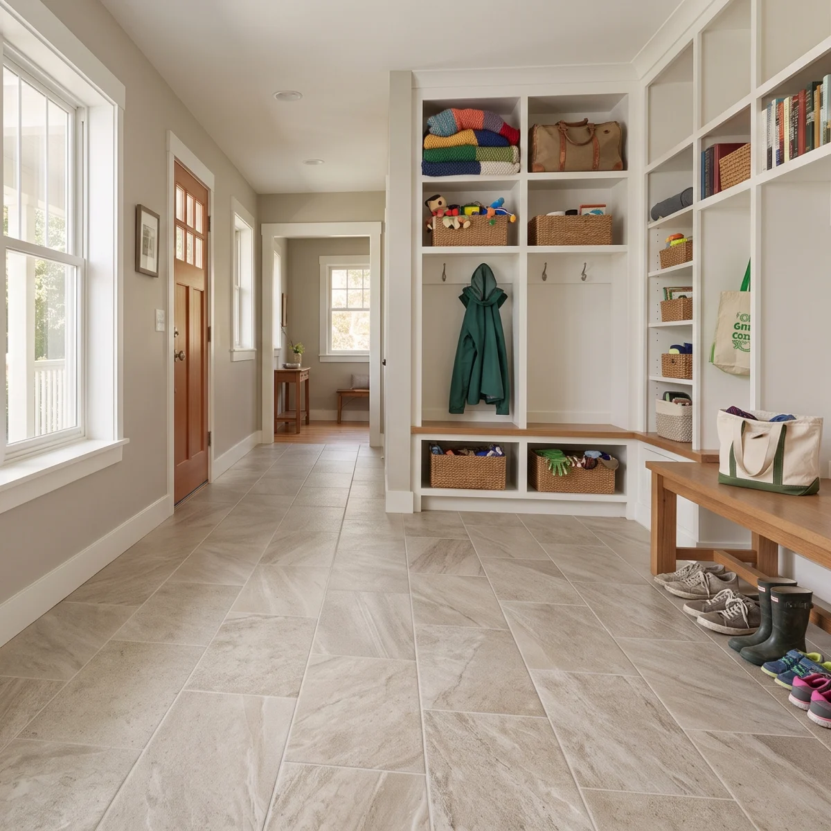 Modern mudroom with tiled flooring
