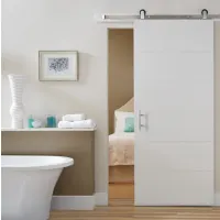 Sliding barn door in a modern bathroom; orange exterior door icon