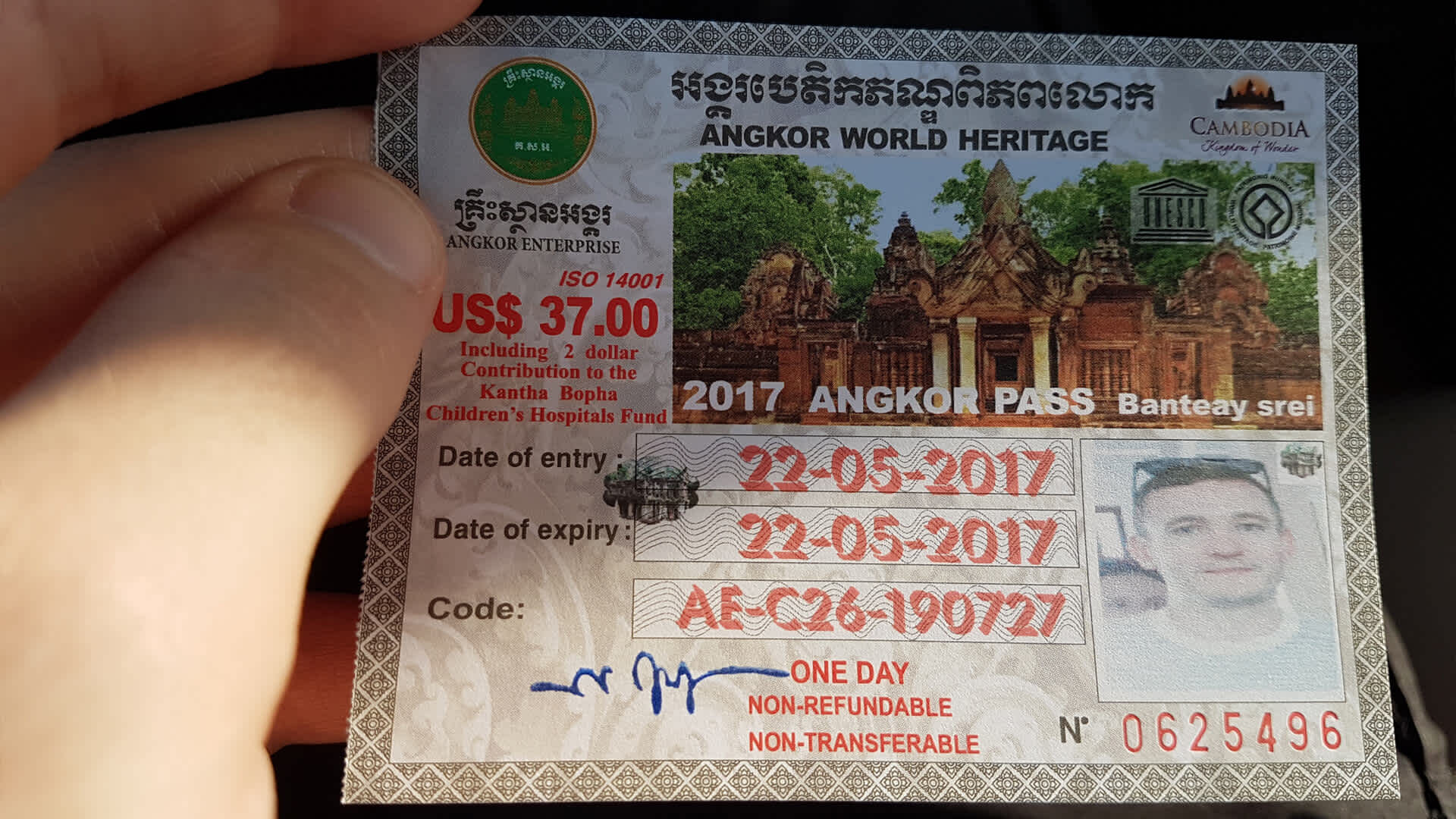 Angkor World Heritage - One day pass US$ 37.00 including 2 dollar contribution to the Kantha Bopha Childrens Hospitals Fund.