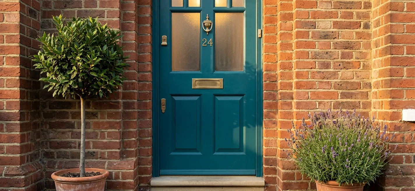 A traditional British family home with a teal front door — the kind of property a property protection trust will safeguards from care fees and sideways disinheritance.