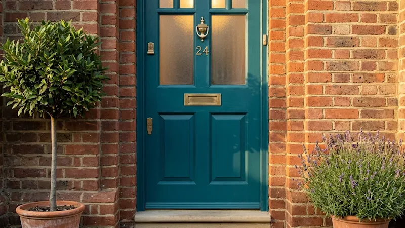 A traditional British family home with a teal front door — the kind of property a property protection trust will safeguards from care fees and sideways disinheritance.